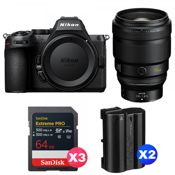Nikon Z5 II + 135mm f/1.8 S Plena + 3 SanDisk 64GB Extreme PRO UHS-II SDXC + 2 Nikon EN-EL15c-1