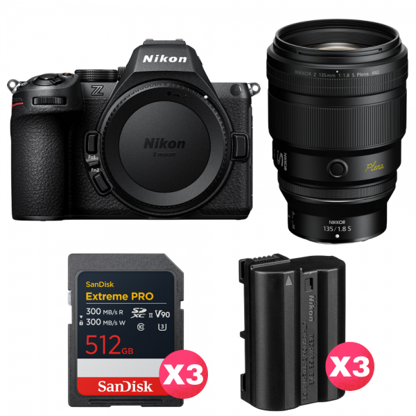 Nikon Z5 II + 135mm f/1.8 S Plena + 3 SanDisk 512GB Extreme PRO UHS-II SDXC + 3 Nikon EN-EL15c-1
