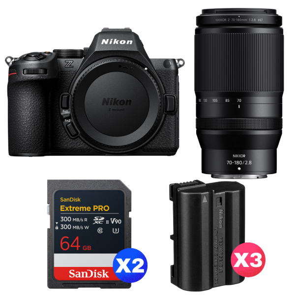 Nikon Z5 II + 70-180mm f/2.8 + 2 SanDisk 64GB Extreme PRO UHS-II SDXC + 3 Nikon EN-EL15c-1