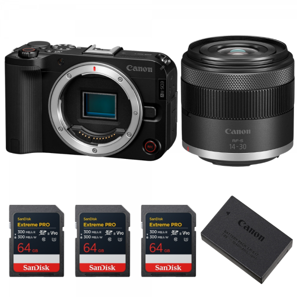 Canon EOS R50 V + RF-S 14-30mm f/4.5-6.3 IS STM PZ + 3 SanDisk 64GB Extreme PRO UHS-II SDXC + Canon LP-E17-1