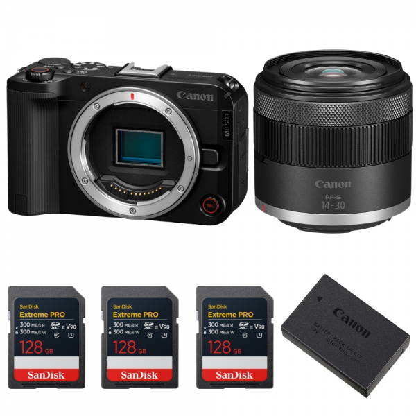 Canon EOS R50 V + RF-S 14-30mm f/4.5-6.3 IS STM PZ + 3 SanDisk 128GB Extreme PRO UHS-II SDXC + Canon LP-E17-1