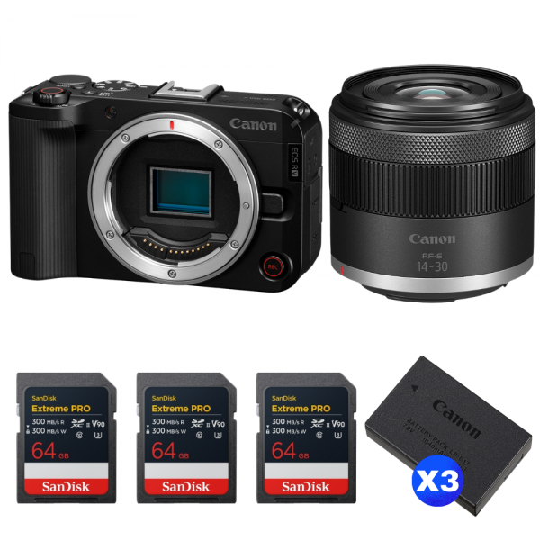 Canon EOS R50 V + RF-S 14-30mm f/4.5-6.3 IS STM PZ + 3 SanDisk 64GB Extreme PRO UHS-II SDXC + 3 Canon LP-E17-1