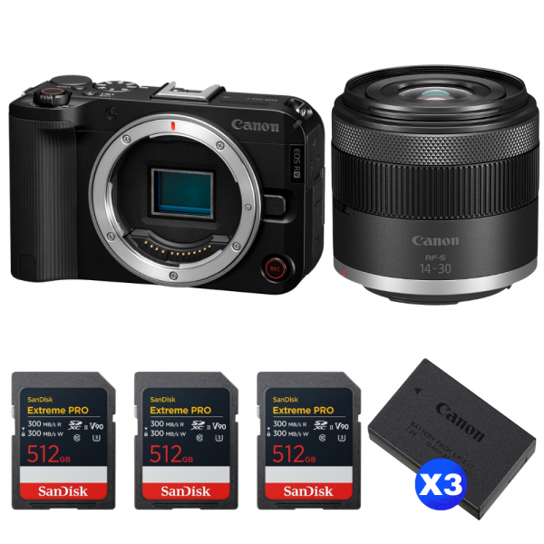 Canon EOS R50 V + RF-S 14-30mm f/4.5-6.3 IS STM PZ + 3 SanDisk 512GB Extreme PRO UHS-II SDXC + 3 Canon LP-E17-1