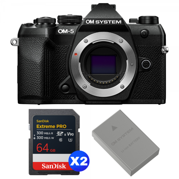 OM SYSTEM OM-5 Mark II Negro + 2 SanDisk 64GB Extreme PRO UHS-II SDXC + OM System BLS-50-1