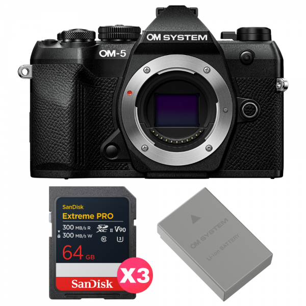 OM SYSTEM OM-5 Mark II Noir + 3 SanDisk 64GB Extreme PRO UHS-II SDXC + OM System BLS-50-1