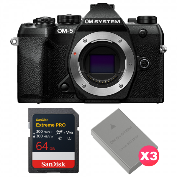 OM SYSTEM OM-5 Mark II Black + 1 SanDisk 64GB Extreme PRO UHS-II SDXC + 3 OM System BLS-50-1