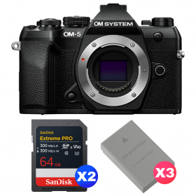 OM SYSTEM OM-5 Mark II Noir + 2 SanDisk 64GB Extreme PRO UHS-II SDXC + 3 OM System BLS-50-1
