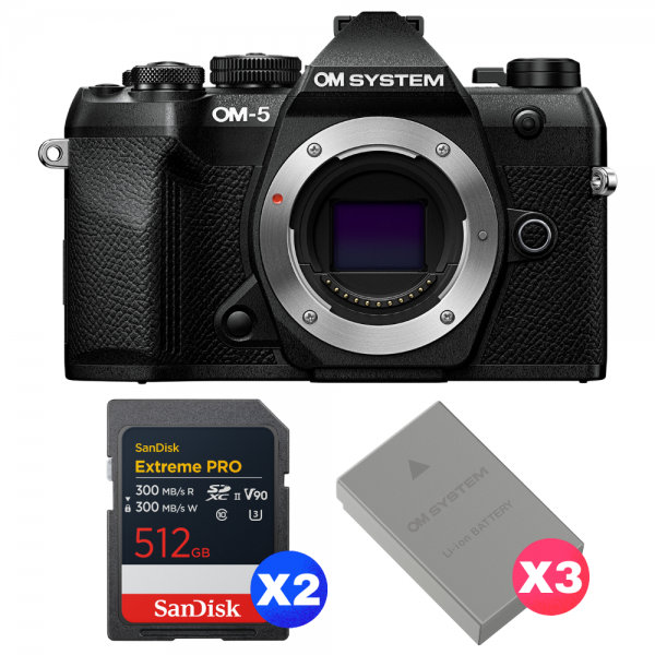 OM SYSTEM OM-5 Mark II Noir + 2 SanDisk 512GB Extreme PRO UHS-II SDXC + 3 OM System BLS-50-1