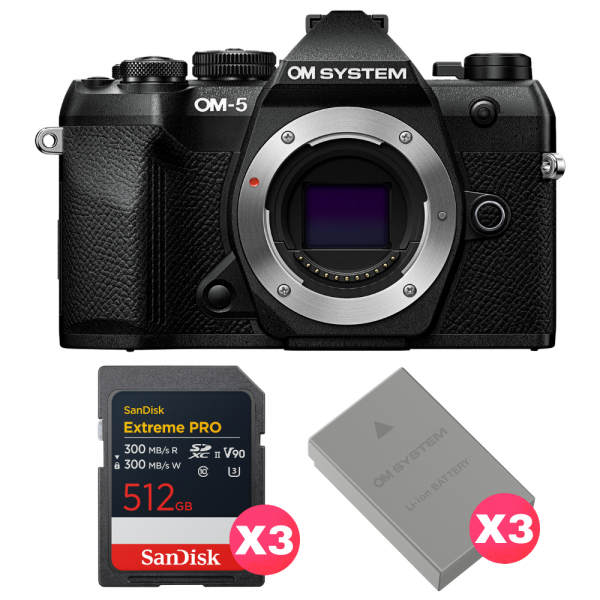 OM SYSTEM OM-5 Mark II Noir + 3 SanDisk 512GB Extreme PRO UHS-II SDXC + 3 OM System BLS-50-1