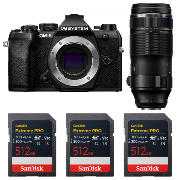 OM SYSTEM OM-5 Mark II Noir + 100-400mm F5.0-6.3 IS II + 3 SanDisk 512GB Extreme PRO UHS-II SDXC-1