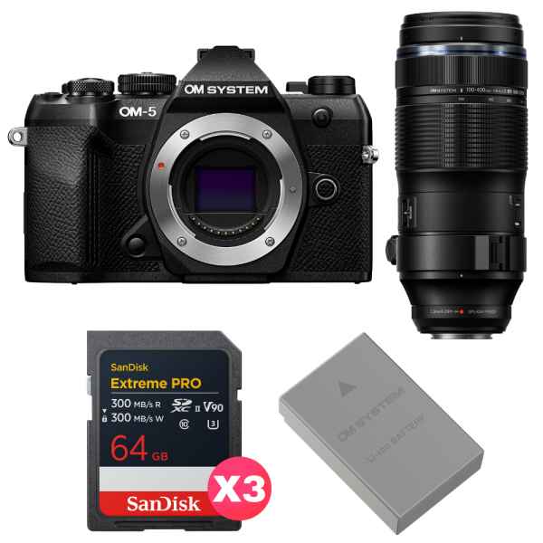 OM SYSTEM OM-5 Mark II Black + 100-400mm F5.0-6.3 IS II + 3 SanDisk 64GB Extreme PRO UHS-II SDXC + OM System BLS-50-1