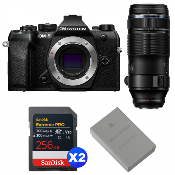OM SYSTEM OM-5 Mark II Negro + 100-400mm F5.0-6.3 IS II + 2 SanDisk 256GB Extreme PRO UHS-II SDXC + OM System BLS-50-1