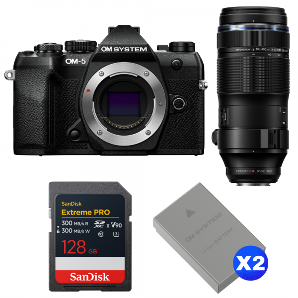 OM SYSTEM OM-5 Mark II Noir + 100-400mm F5.0-6.3 IS II + 1 SanDisk 128GB Extreme PRO UHS-II SDXC + 2 OM System BLS-50-1