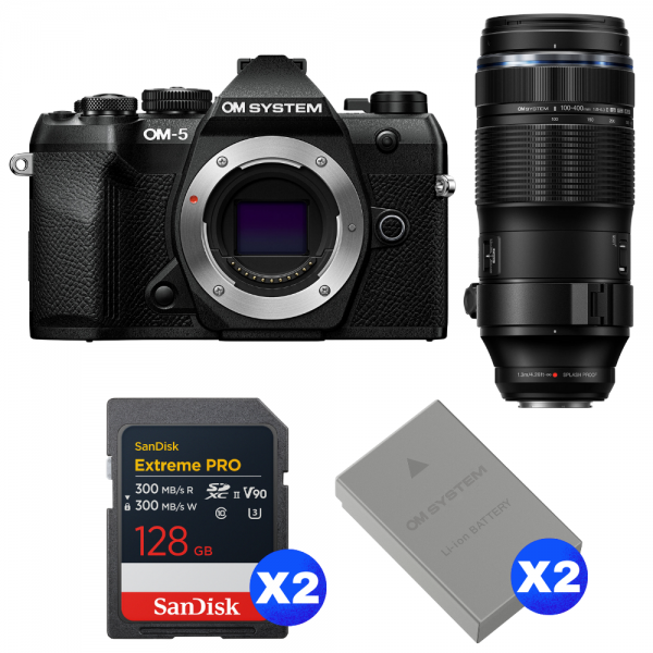 OM SYSTEM OM-5 Mark II Negro + 100-400mm F5.0-6.3 IS II + 2 SanDisk 128GB Extreme PRO UHS-II SDXC + 2 OM System BLS-50-1