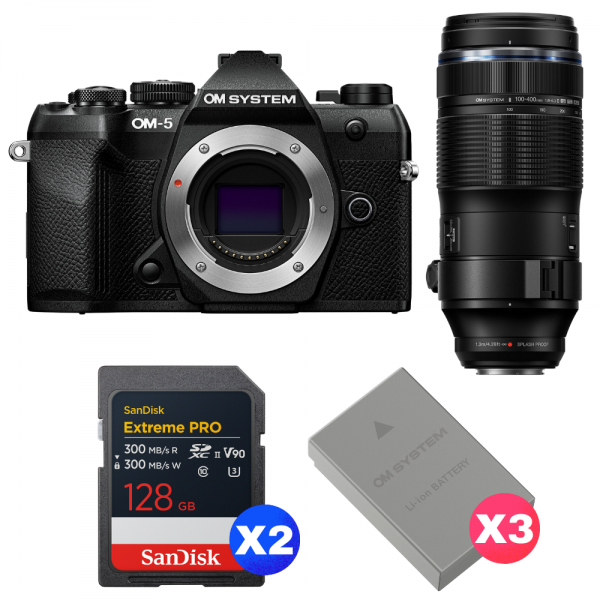 OM SYSTEM OM-5 Mark II Negro + 100-400mm F5.0-6.3 IS II + 2 SanDisk 128GB Extreme PRO UHS-II SDXC + 3 OM System BLS-50-1