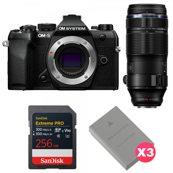 OM SYSTEM OM-5 Mark II Noir + 100-400mm F5.0-6.3 IS II + 1 SanDisk 256GB Extreme PRO UHS-II SDXC + 3 OM System BLS-50-1