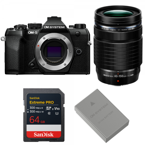 OM SYSTEM OM-5 Mark II Black + 40-150mm f/4 PRO + 1 SanDisk 64GB Extreme PRO UHS-II SDXC + OM System BLS-50-1