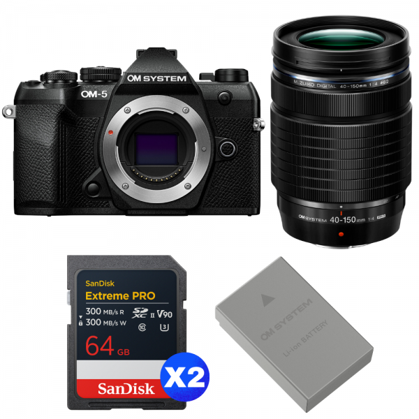 OM SYSTEM OM-5 Mark II Noir + 40-150mm f/4 PRO + 2 SanDisk 64GB Extreme PRO UHS-II SDXC + OM System BLS-50-1