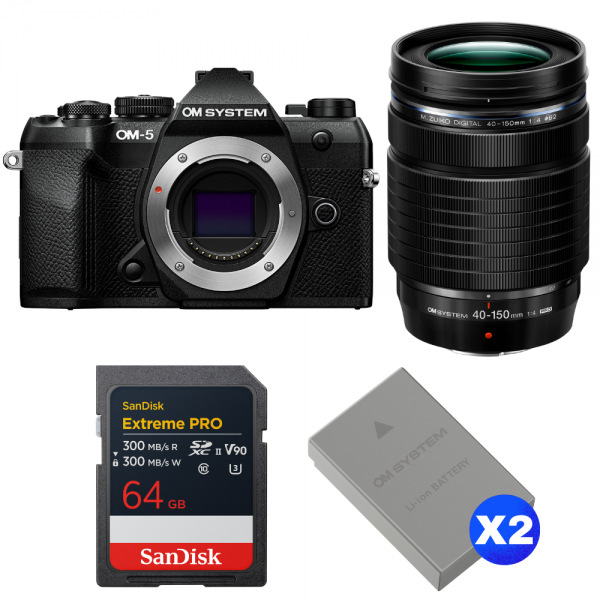 OM SYSTEM OM-5 Mark II Noir + 40-150mm f/4 PRO + 1 SanDisk 64GB Extreme PRO UHS-II SDXC + 2 OM System BLS-50-1