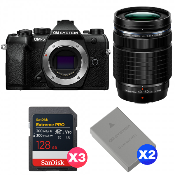 OM SYSTEM OM-5 Mark II Noir + 40-150mm f/4 PRO + 3 SanDisk 128GB Extreme PRO UHS-II SDXC + 2 OM System BLS-50-1