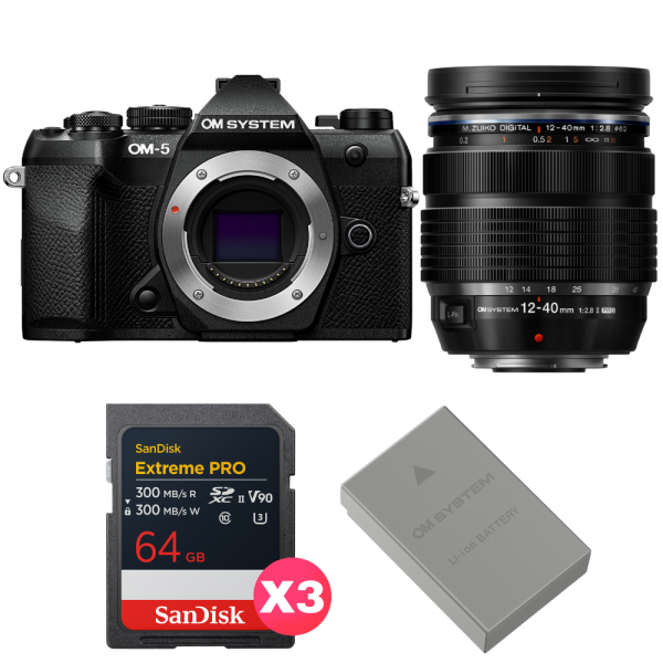 OM SYSTEM OM-5 Mark II Noir + 12-40mm f/2.8 PRO II + 3 SanDisk 64GB Extreme PRO UHS-II SDXC + OM System BLS-50-1