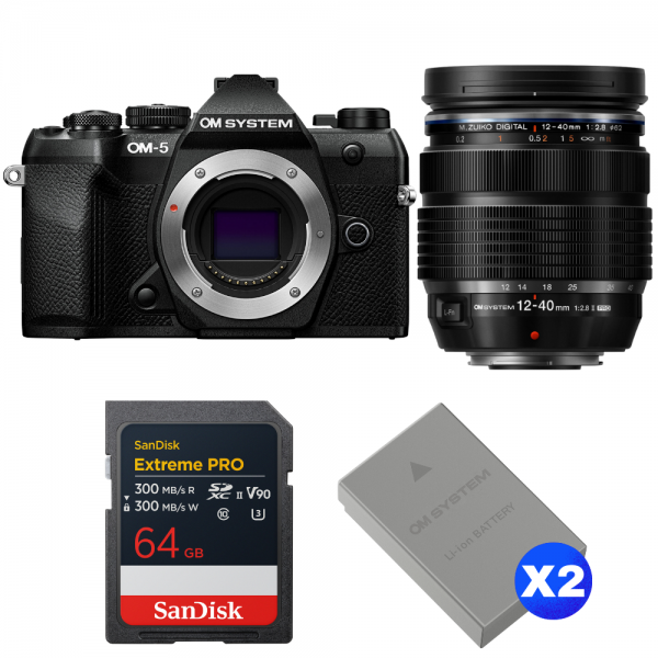 OM SYSTEM OM-5 Mark II Noir + 12-40mm f/2.8 PRO II + 1 SanDisk 64GB Extreme PRO UHS-II SDXC + 2 OM System BLS-50-1