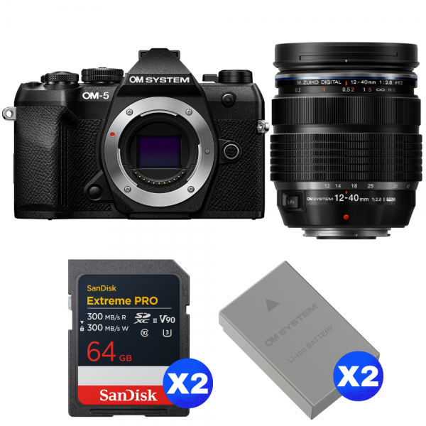 OM SYSTEM OM-5 Mark II Noir + 12-40mm f/2.8 PRO II + 2 SanDisk 64GB Extreme PRO UHS-II SDXC + 2 OM System BLS-50-1