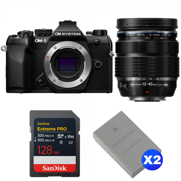OM SYSTEM OM-5 Mark II Noir + 12-40mm f/2.8 PRO II + 1 SanDisk 128GB Extreme PRO UHS-II SDXC + 2 OM System BLS-50-1
