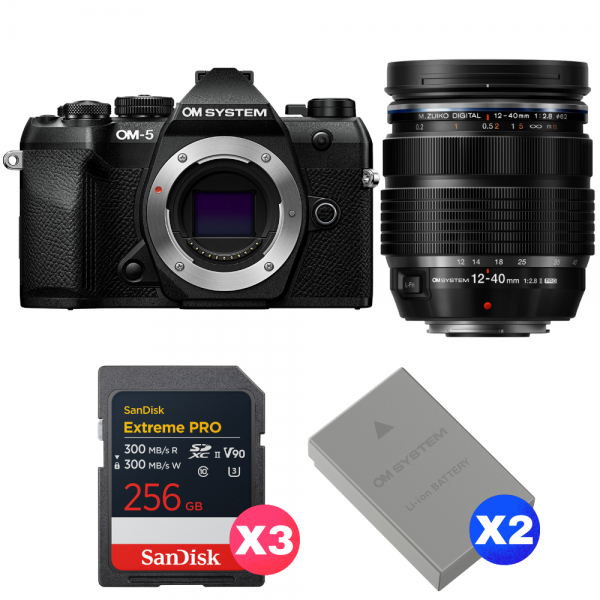 OM SYSTEM OM-5 Mark II Noir + 12-40mm f/2.8 PRO II + 3 SanDisk 256GB Extreme PRO UHS-II SDXC + 2 OM System BLS-50-1