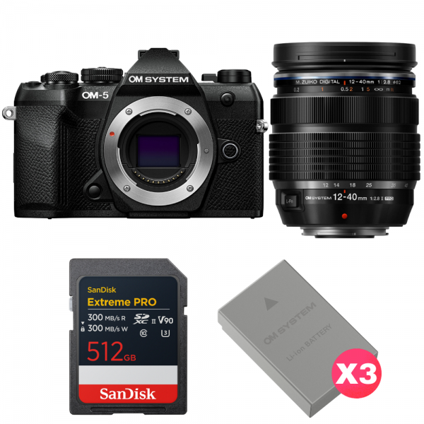 OM SYSTEM OM-5 Mark II Black + 12-40mm f/2.8 PRO II + 1 SanDisk 512GB Extreme PRO UHS-II SDXC + 3 OM System BLS-50-1