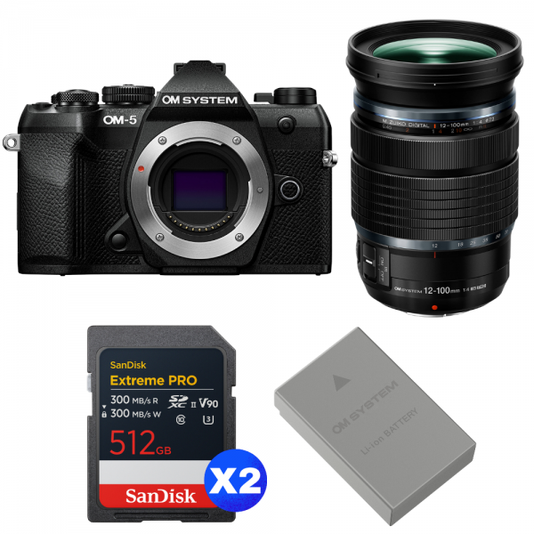 OM SYSTEM OM-5 Mark II Noir + 12-100mm f/4 IS PRO + 2 SanDisk 512GB Extreme PRO UHS-II SDXC + OM System BLS-50-1