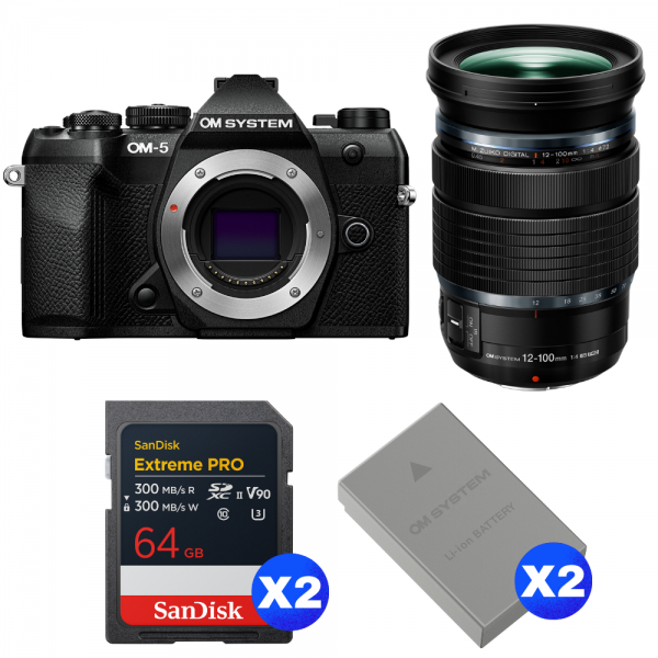 OM SYSTEM OM-5 Mark II Noir + 12-100mm f/4 IS PRO + 2 SanDisk 64GB Extreme PRO UHS-II SDXC + 2 OM System BLS-50-1