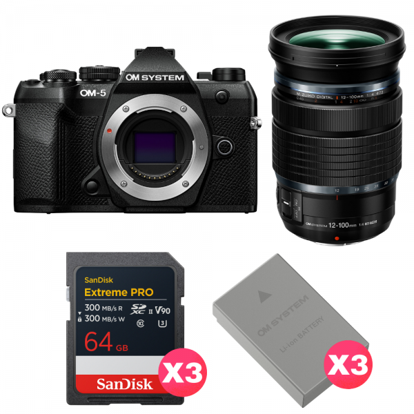 OM SYSTEM OM-5 Mark II Noir + 12-100mm f/4 IS PRO + 3 SanDisk 64GB Extreme PRO UHS-II SDXC + 3 OM System BLS-50-1