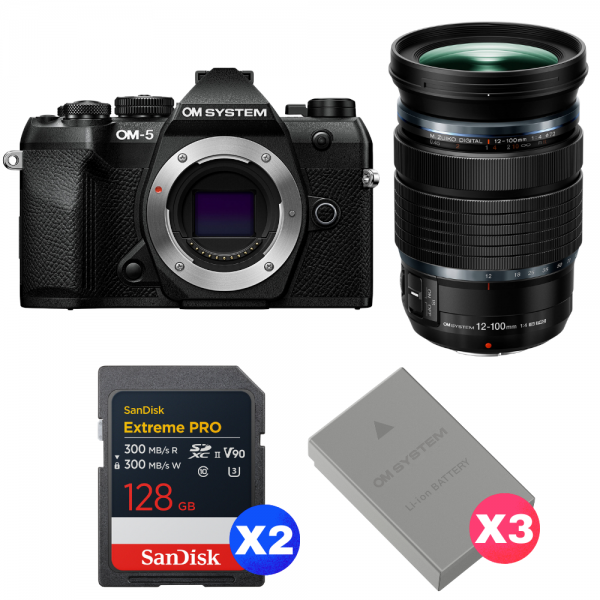 OM SYSTEM OM-5 Mark II Negro + 12-100mm f/4 IS PRO + 2 SanDisk 128GB Extreme PRO UHS-II SDXC + 3 OM System BLS-50-1