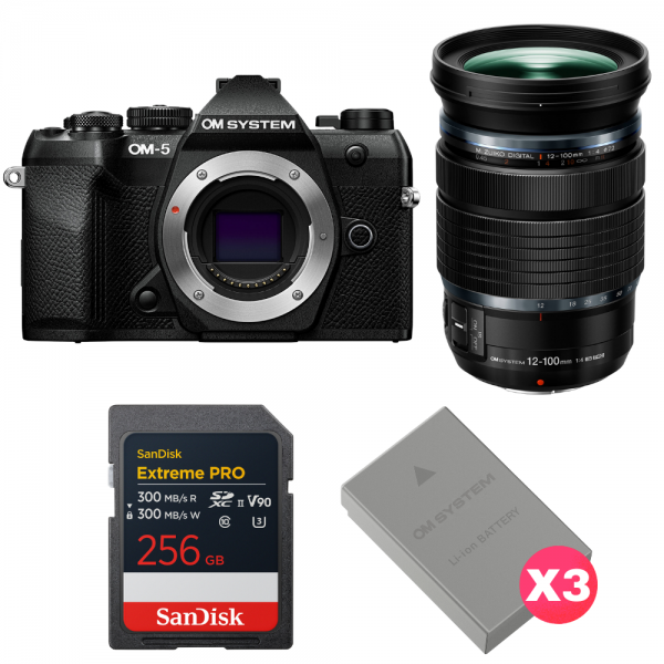 OM SYSTEM OM-5 Mark II Noir + 12-100mm f/4 IS PRO + 1 SanDisk 256GB Extreme PRO UHS-II SDXC + 3 OM System BLS-50-1