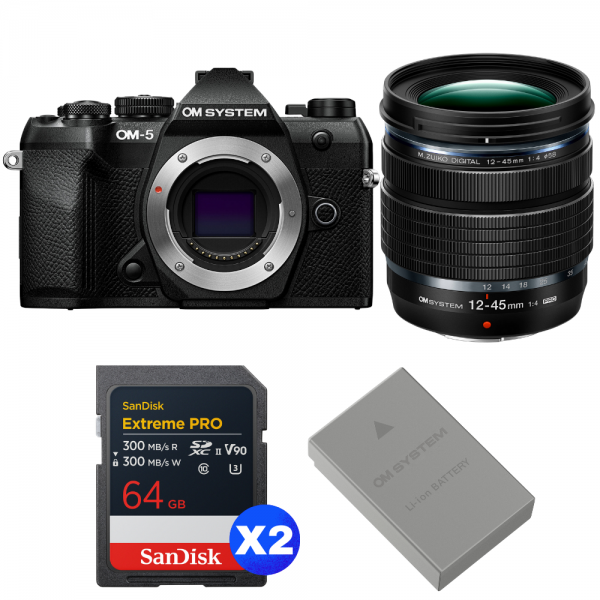 OM SYSTEM OM-5 Mark II Negro + 12-45mm f/4 PRO + 2 SanDisk 64GB Extreme PRO UHS-II SDXC + OM System BLS-50-1