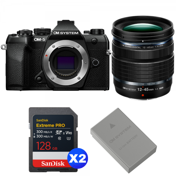 OM SYSTEM OM-5 Mark II Noir + 12-45mm f/4 PRO + 2 SanDisk 128GB Extreme PRO UHS-II SDXC + OM System BLS-50-1