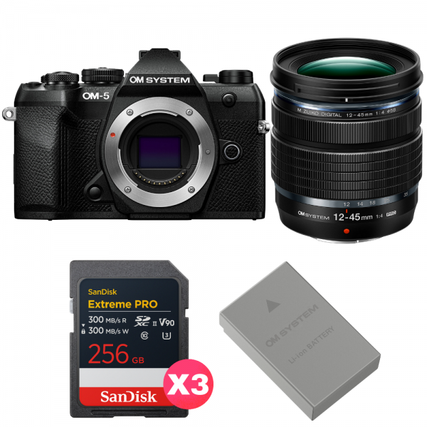 OM SYSTEM OM-5 Mark II Black + 12-45mm f/4 PRO + 3 SanDisk 256GB Extreme PRO UHS-II SDXC + OM System BLS-50-1