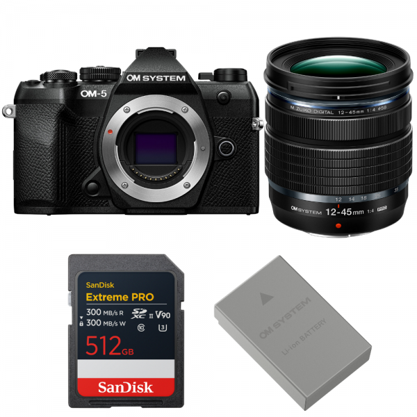 OM SYSTEM OM-5 Mark II Black + 12-45mm f/4 PRO + 1 SanDisk 512GB Extreme PRO UHS-II SDXC + OM System BLS-50-1