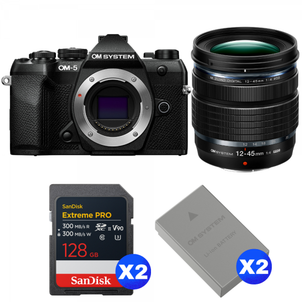 OM SYSTEM OM-5 Mark II Noir + 12-45mm f/4 PRO + 2 SanDisk 128GB Extreme PRO UHS-II SDXC + 2 OM System BLS-50-1