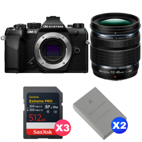OM SYSTEM OM-5 Mark II Noir + 12-45mm f/4 PRO + 3 SanDisk 512GB Extreme PRO UHS-II SDXC + 2 OM System BLS-50-1