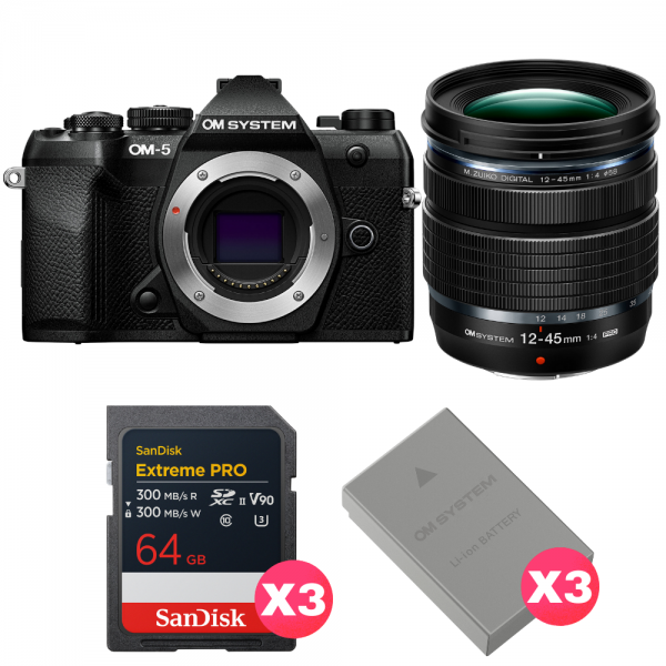 OM SYSTEM OM-5 Mark II Noir + 12-45mm f/4 PRO + 3 SanDisk 64GB Extreme PRO UHS-II SDXC + 3 OM System BLS-50-1