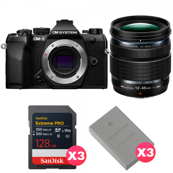 OM SYSTEM OM-5 Mark II Black + 12-45mm f/4 PRO + 3 SanDisk 128GB Extreme PRO UHS-II SDXC + 3 OM System BLS-50-1