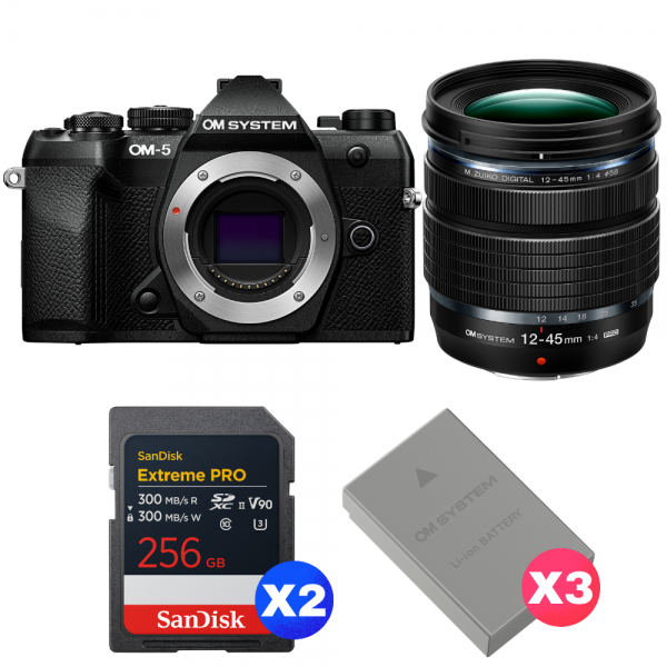 OM SYSTEM OM-5 Mark II Negro + 12-45mm f/4 PRO + 2 SanDisk 256GB Extreme PRO UHS-II SDXC + 3 OM System BLS-50-1