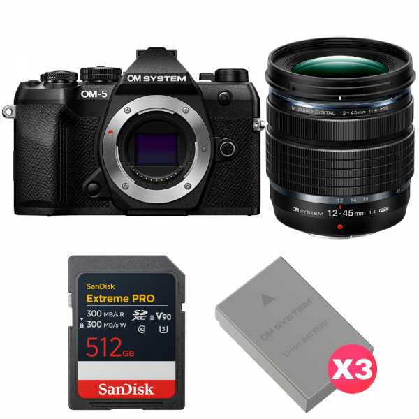 OM SYSTEM OM-5 Mark II Black + 12-45mm f/4 PRO + 1 SanDisk 512GB Extreme PRO UHS-II SDXC + 3 OM System BLS-50-1