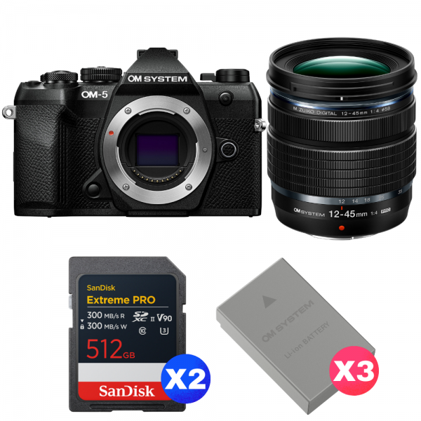 OM SYSTEM OM-5 Mark II Noir + 12-45mm f/4 PRO + 2 SanDisk 512GB Extreme PRO UHS-II SDXC + 3 OM System BLS-50-1