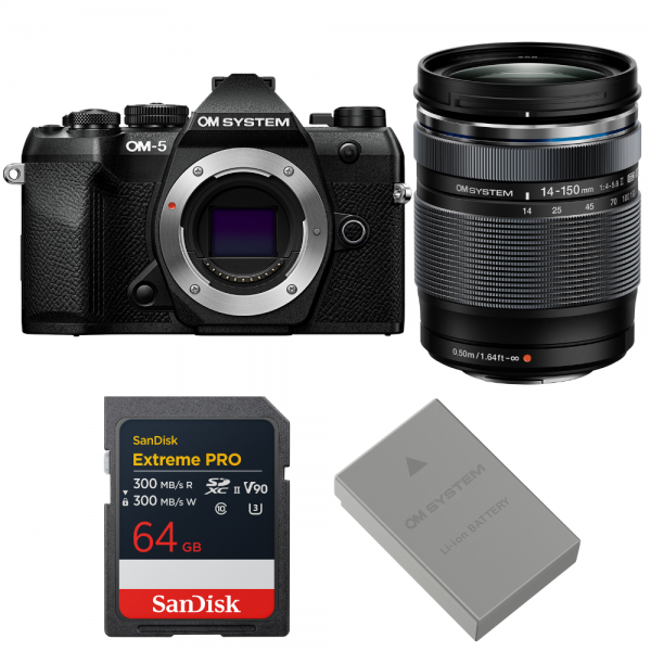 OM SYSTEM OM-5 Mark II Noir + 14-150mm f/4-5.6 II + 1 SanDisk 64GB Extreme PRO UHS-II SDXC + OM System BLS-50-1