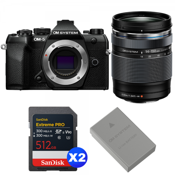 OM SYSTEM OM-5 Mark II Noir + 14-150mm f/4-5.6 II + 2 SanDisk 512GB Extreme PRO UHS-II SDXC + OM System BLS-50-1