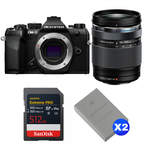 OM SYSTEM OM-5 Mark II Noir + 14-150mm f/4-5.6 II + 1 SanDisk 512GB Extreme PRO UHS-II SDXC + 2 OM System BLS-50-1
