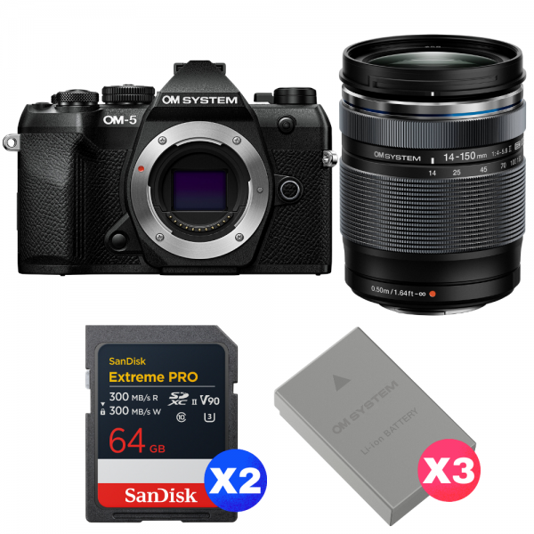 OM SYSTEM OM-5 Mark II Black + 14-150mm f/4-5.6 II + 2 SanDisk 64GB Extreme PRO UHS-II SDXC + 3 OM System BLS-50-1